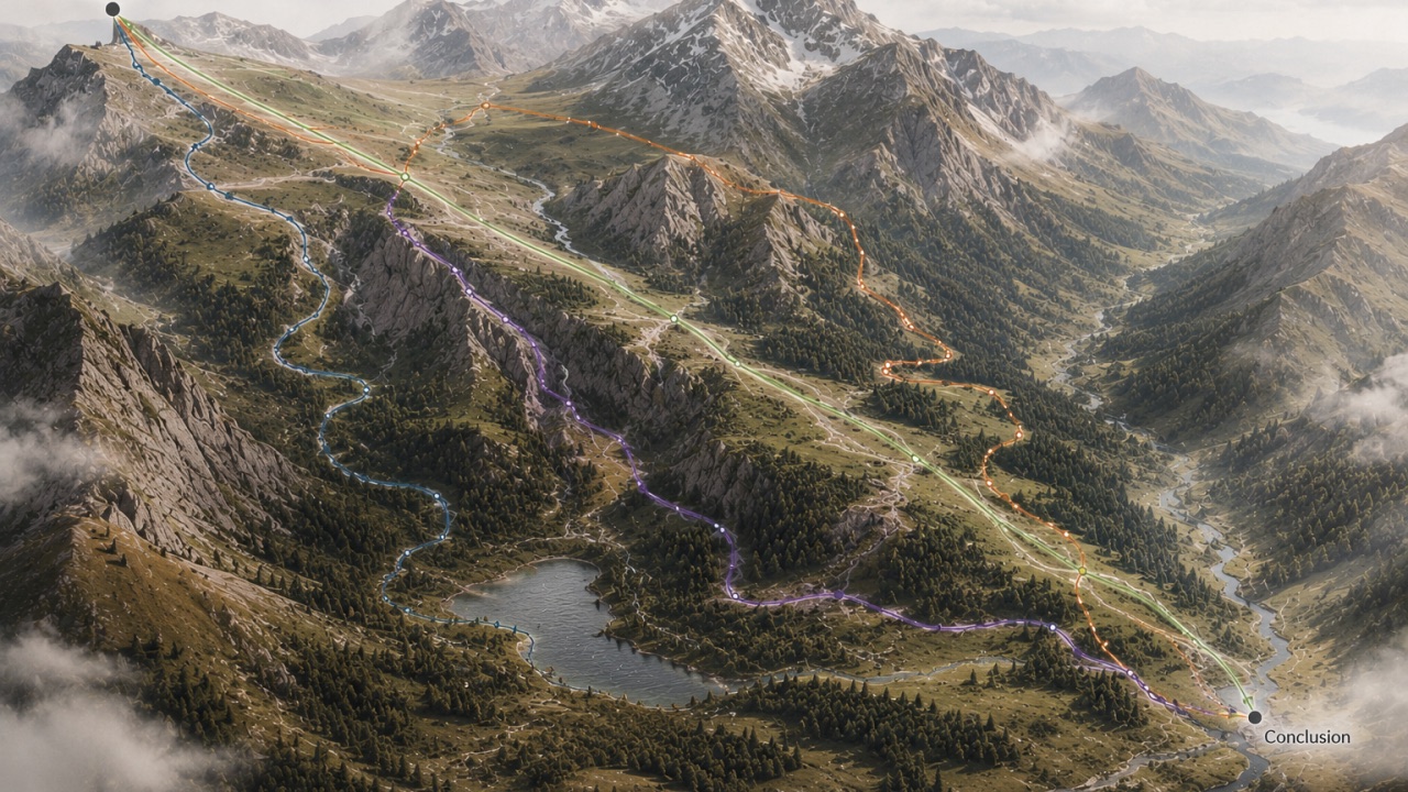 Four distinct colored routes descend from a single mountain summit and converge on one point labeled Conclusion.