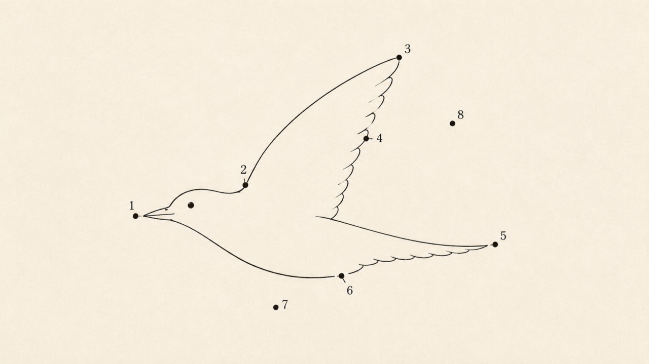 A connect-the-dots illustration in which numbered points are joined into the outline of a flying bird, leaving two of the eight points unconnected.