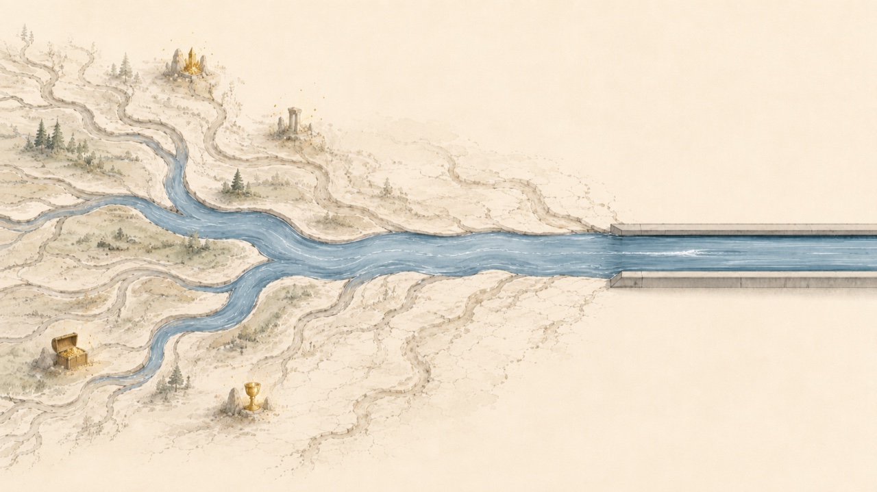 An illustration of a braided river whose many winding channels, dotted with abandoned treasure and ruins, dry up as the water narrows into a single straight concrete canal.